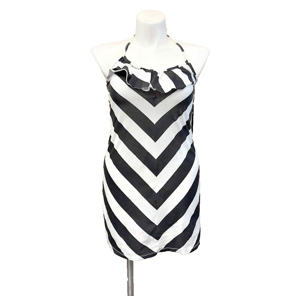 Roxy Y2K Halter Mini Dress Black & White Chevron Stripe Ruffle Sundress Size L